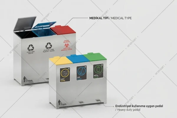 SRB-146 endüstriyel pedallı geri dönüşüm kovası medikal bölmeli üç bölmeli görünüm